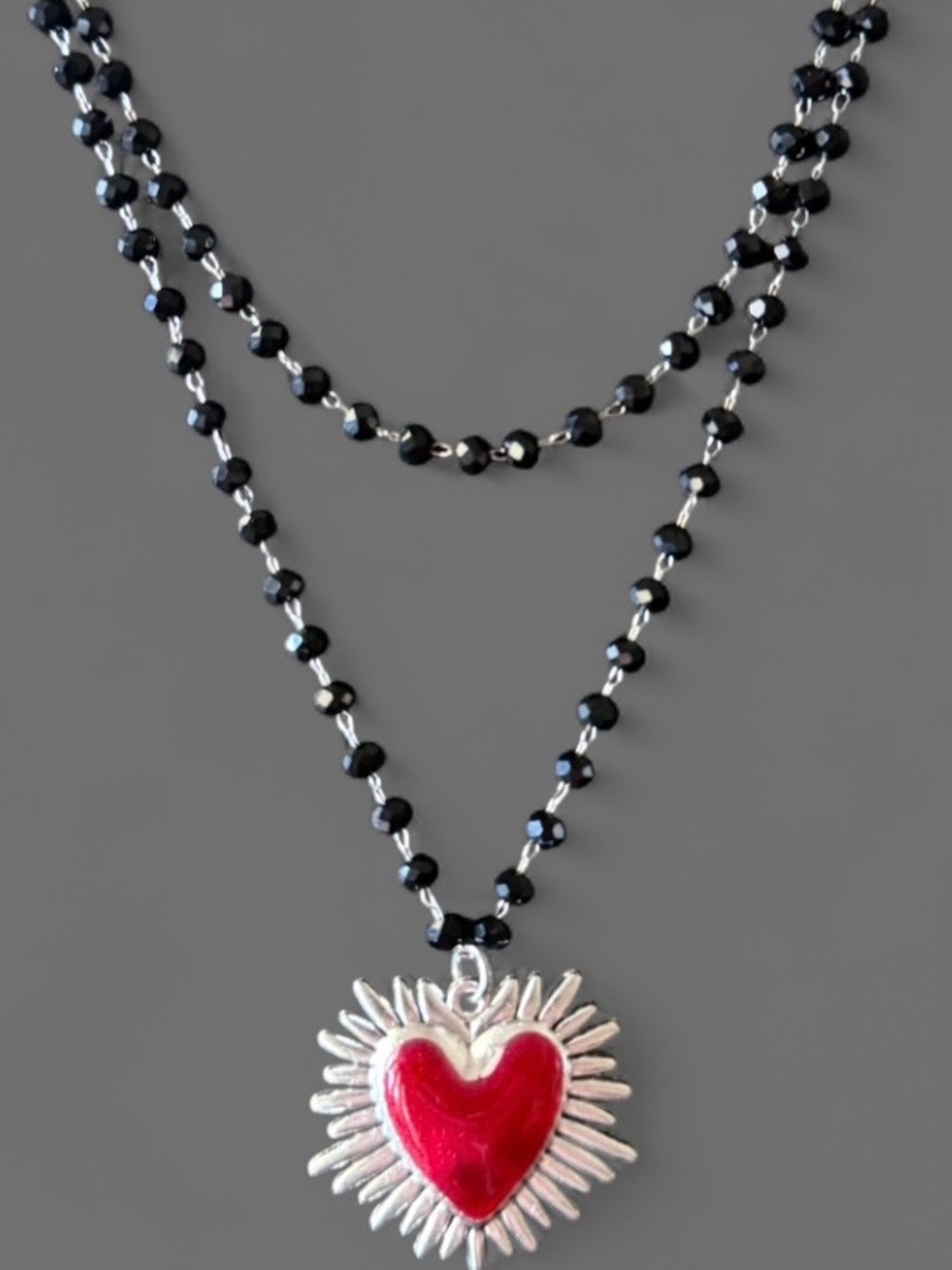 🖤 Gothic Sacred Heart Layered Black Beaded Necklace 🥀 Mexican Folk Art Style
